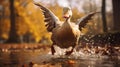 Autumn Duck Running In The Park: A Stunning Uhd Image With Golden Hues