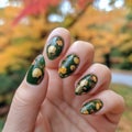 Autumn Elegance: Deep Green Nails with Golden Designs Amidst Fall Foliage