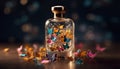 Autumn elegance Glowing jar of glittery gold leaves on wood generated by AI