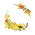 Autumn element arrangement round frame, pumpkin, rowan, dog rose, multicolored green, orange, yellow leaves seasonal fall holiday