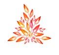 Autumn element for design, triangular shape: orange, yellow and red watercolor leaves and small drops on white background