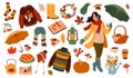 Autumn elements. Cute girl in warm clothes for rainy season holds umbrella, cozy knitting things and botanical objects