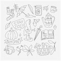 Autumn elements doodle Set. Cozy time icons. Fall season. Oktober collection. Lettering, minimalistic, simple.