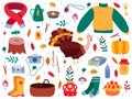 Autumn elements. Fall cartoon hygge cozy sweater, boots, autumn leaves, mushrooms, pumpkin and turkey isolated vector