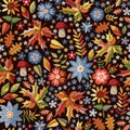 Autumn embroidered print. Seamless pattern with embroidery of flowers and leaves. Colorful design for fall season