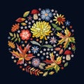 Autumn embroidery round pattern with flowers, leaves and mushrooms. Fashion design