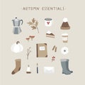 Autumn essentials. Set of cute hand drawn fall food, drink, fashion and lifestyle icons with coffeee, leaves, stationery