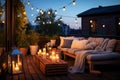 Autumn Evening Charm Cozy Outdoor Terrace with Enchanting String Lights on the Roof of a Beautiful House. created with Generative