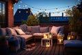 Autumn Evening Charm Cozy Outdoor Terrace with Enchanting String Lights on the Roof of a Beautiful House. created with Generative