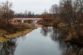 Autumn evening landscape with Istra river and car bridge Royalty Free Stock Photo