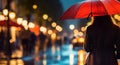 evening rainy city street modern building windows , people silhouette with umbrella Royalty Free Stock Photo