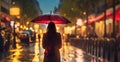 evening rainy city street modern building windows , people silhouette with umbrella