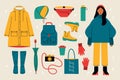 Autumn everyday carry stuff. Fall season wardrobe, warm winter rainy weather clothes shoes supplies. Vector cartoon set