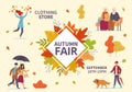 Autumn fair. Fall season public exhibition, clothes sale and flea market, people with umbrellas among yellow leaves