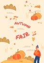 Autumn fair festival banner layout with pumpkins and woman, vector illustration