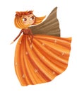 Autumn fairy girl with wreath in orange dress with cloak.