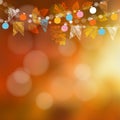 Autumn fall card, banner. Garden party decoration. Garland of oak, maple leaves, lights, party flags.Vector blurred illustration Royalty Free Stock Photo