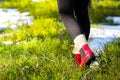 Autumn or spring concept with colorful forest and rain boots outside. Close up of woman feet walking in red boots. Royalty Free Stock Photo