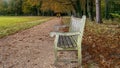 Autumn fall colors in a park with an chair