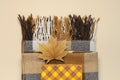 Autumn, fall concept. Checked orange gift paper bag, warm cozy blanket plaid, autumn dried leaves on pastel beige background. Flat Royalty Free Stock Photo