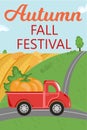 Autumn Fall Festival banner. Red Truck with Pumpkin Crop driving on the Road with Rural Landscape, Green Hill, Haystacks Royalty Free Stock Photo