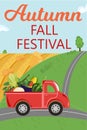 Autumn Fall Festival banner. Red Truck with Vegetables Crop driving on the Road with Green Hill, Haystacks Royalty Free Stock Photo