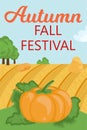 Autumn Fall Festival banner. Rural Landscape Panorama with Pumpkin, Hill, Haystacks, Trees Royalty Free Stock Photo