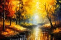 Autumn Fall Forest with River Oil Painting Landscape Royalty Free Stock Photo