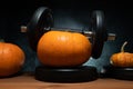 Autumn or fall gym concept with pumpkin lifting barbell dumbbell.