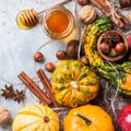 Autumn fall halloween still life composition with pumpkin nuts chestnut