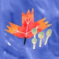 Autumn fall leaf and forest mushrooms watercolor illustration with clipping mask