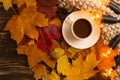 Autumn, fall leaves, a hot cup of coffee and a warm scarf on the background of a wooden table. Seasonal, morning coffee, Sunday re Royalty Free Stock Photo