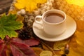 Autumn, fall leaves, a hot cup of coffee and a warm scarf on the background of a wooden table. Seasonal, morning coffee, Sunday re Royalty Free Stock Photo