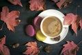 Autumn, fall leaves, hot steaming cup of cappuccino coffees, macaroons, cones on wooden table background. Royalty Free Stock Photo