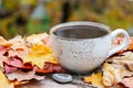 Autumn, fall leaves, hot steaming cup of coffee on wooden table background. Seasonal, morning coffee, Sunday relaxing Royalty Free Stock Photo