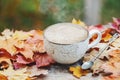 Autumn, fall leaves, hot steaming cup of coffee on wooden table background. Seasonal, morning coffee, Sunday relaxing and still li Royalty Free Stock Photo