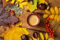 Autumn, fall leaves, hot steaming cup of coffee on wooden table background. Sunday morning coffee relaxing and still Royalty Free Stock Photo