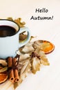 Autumn, fall leaves, hot steaming cup of glint wine Royalty Free Stock Photo