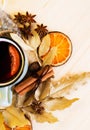 Autumn, fall leaves, hot steaming cup of glint wine Royalty Free Stock Photo