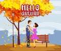 Autumn fall meeting lovers couple in the park autumn branches of falling leaves foliage romantic love mood. Isolated