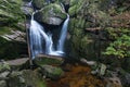 Autumn fall mountain waterfall stream in the rocks with colorful fallen dry leaves, landscape, natural seasonal background Royalty Free Stock Photo