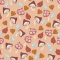 Autumn fall mushroom leaf raindrop seamless pattern