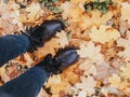 Autumn fall picture leaf leaves grass boots jeans denim girl legs
