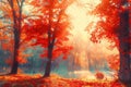 Autumn. Fall scene. Beautiful Autumnal park. Beauty nature scene. Autumn landscape, Trees and Leaves, foggy forest in Sunlight Royalty Free Stock Photo