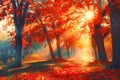 Autumn. Fall scene. Beautiful Autumnal park. Beauty nature scene. Autumn landscape, Trees and Leaves, foggy forest in Sunlight Royalty Free Stock Photo