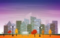 Autumn Fall Season City Park Building Trees Cityscape Flat Design Illustration