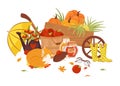 Autumn, fall season vector illustration set, composition.Cute animals, hedgehog, fox and autumnal harvest, pumkin, apple