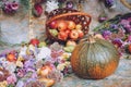 Autumn fall seasonal decorations with pumpkins, fresh fruits in basket, berries and flowers. Autumn harvest, farm market, sale Royalty Free Stock Photo