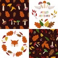 Autumn fall set of 2 seamless patterns, wreath. Fox face. Isolated vector illustration. Compositions, backgrounds and elements.