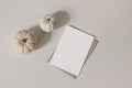 Autumn, fall stationery mockup scene. Blank greeting card, invitation, craft paper envelope on beige table background